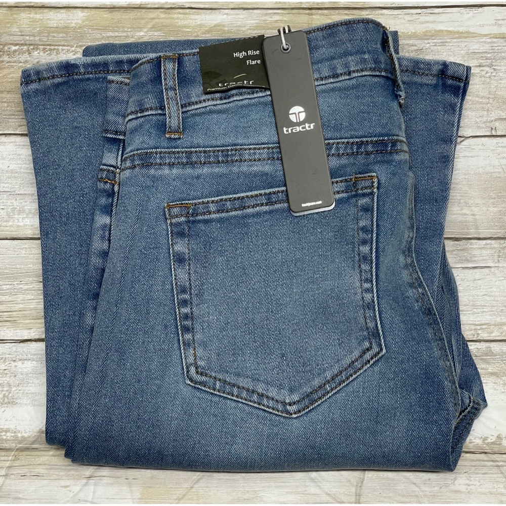 Tractr High Riseโ Flare Jeans Women's Denim Blue Slit Hem Trendy